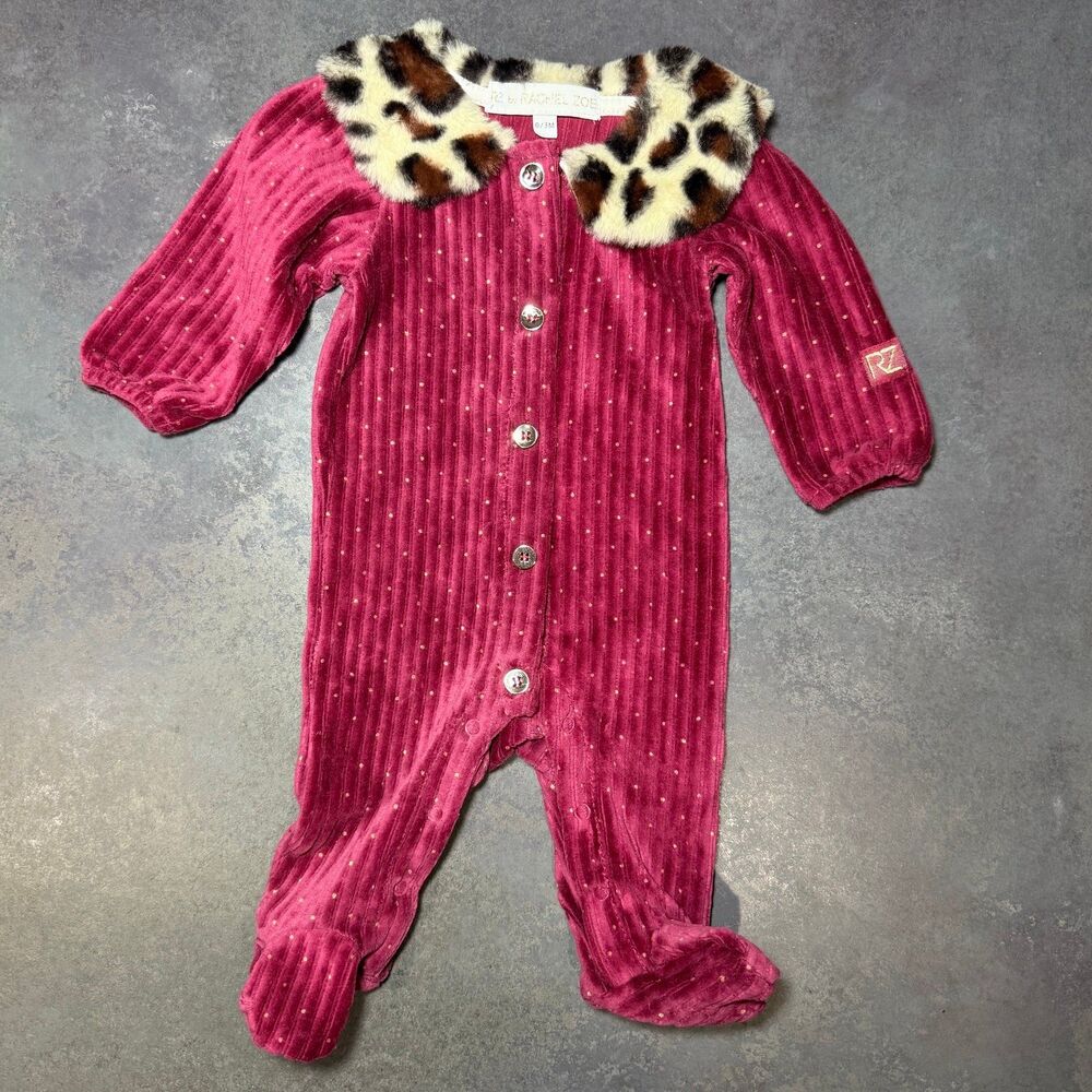 Rachel Zoe 0-3M Magenta Velour Footed Sleeper Leopard Collar